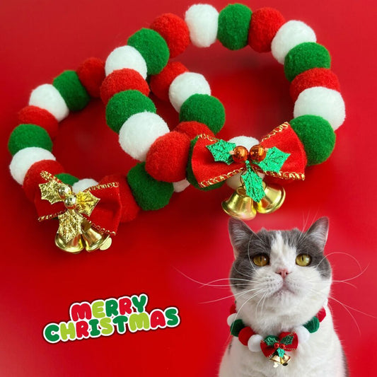 Christmas Cute Dog & Cat Collar – Plush Ball Necklace with Bow, Soft Elasticity