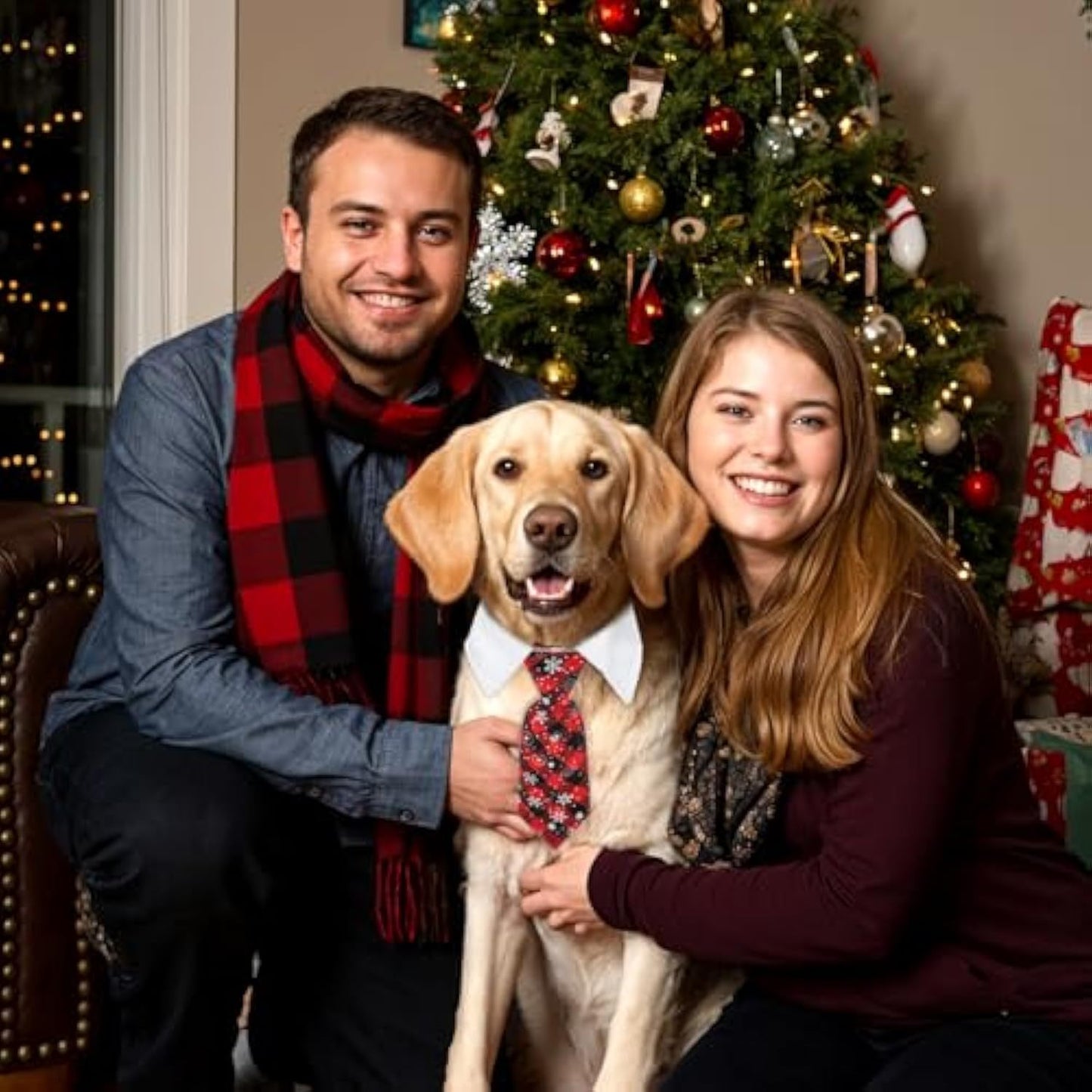 Christmas Dog Necktie – Adjustable Red Plaid Tie with Snowflake Pattern for Small & Medium Pets