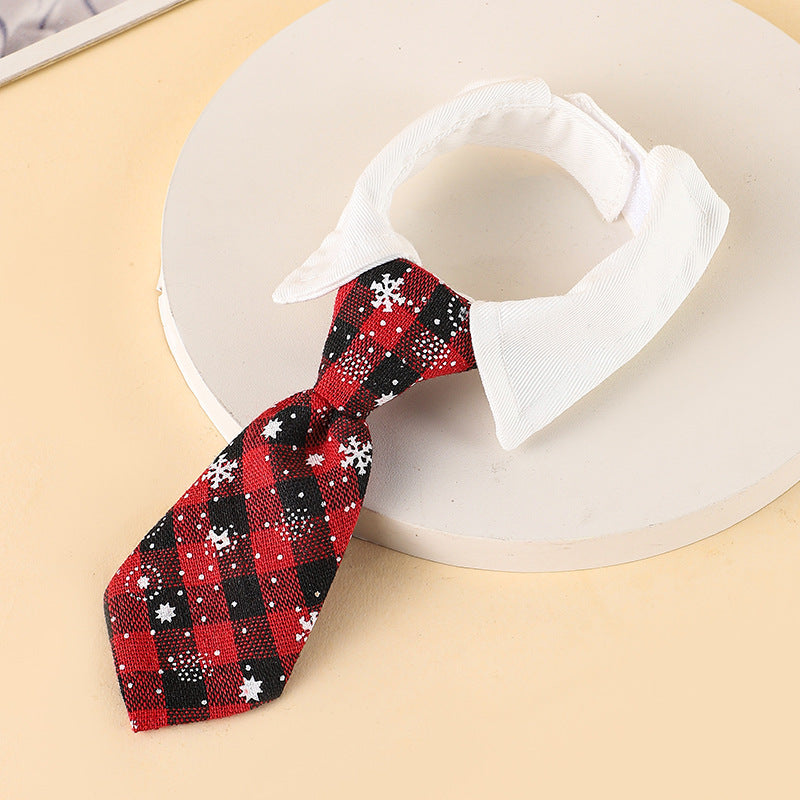 Christmas Dog Necktie – Adjustable Red Plaid Tie with Snowflake Pattern for Small & Medium Pets