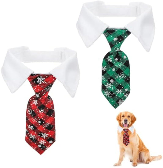 Christmas Dog Necktie – Adjustable Red Plaid Tie with Snowflake Pattern for Small & Medium Pets